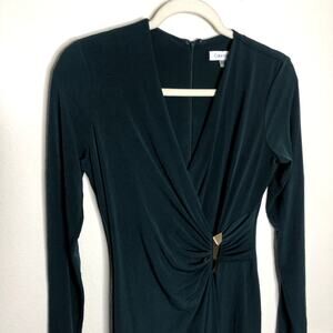 Calvin Klein Dark Green Gold Malachite Brooch Faux Wrap Dress Size 2
